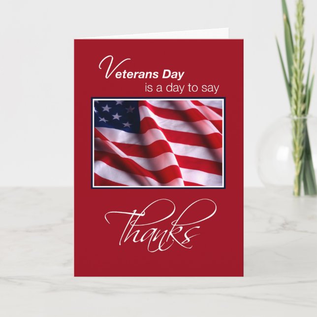 Veterans Day Patriotic American Flag Thanks in Red Thank You Card (Front)