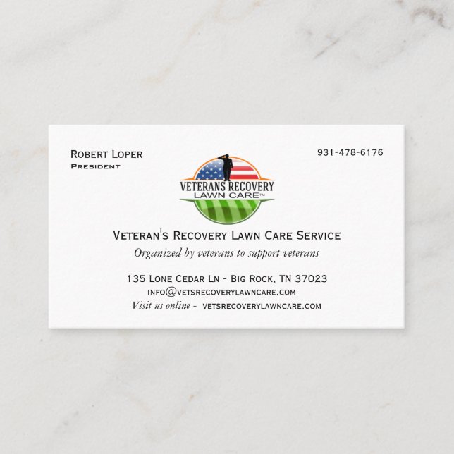 Veteran's Recovery Lawn Care Business Card (Front)