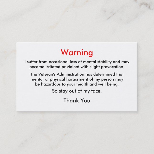 Veteran's Warning Calling Card (Front)