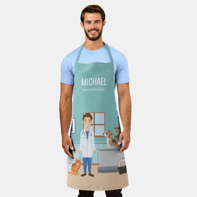 Veterinarian Blue Vet Clinic With Puppy And Cat Apron (Worn)