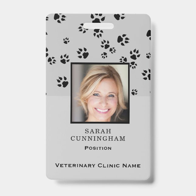 Veterinarian Clinic Cute Paw Print Photo ID Badge (Front)