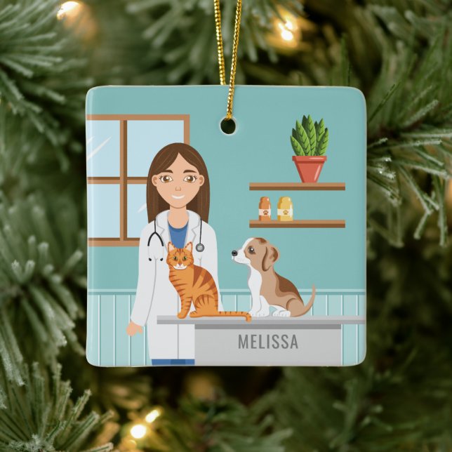 Veterinarian Clinic Vet Woman With Cat And Puppy Ceramic Ornament (Tree)