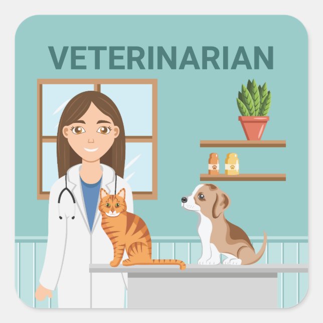 Veterinarian Clinic Vet Woman With Cat And Puppy Square Sticker (Front)