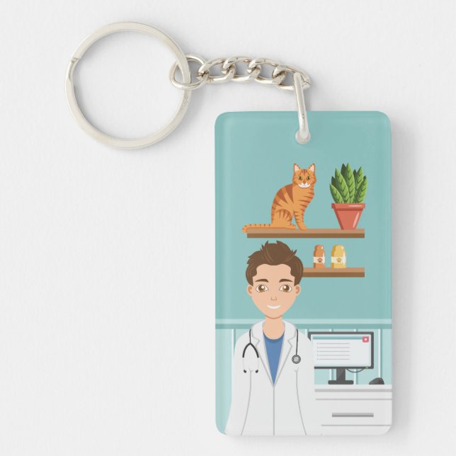 Veterinarian Doctor Vet Clinic Man With Cute Cat Key Ring (Front)