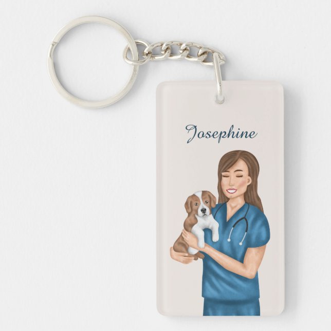 Veterinarian Doctor Vet Holding Puppy Custom Name Key Ring (Front)