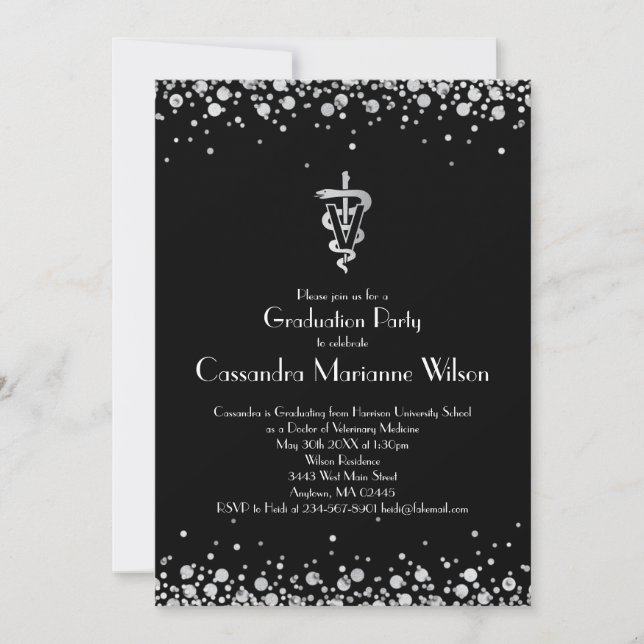 Veterinarian Graduation Black Silver Invitation (Front)