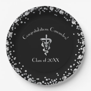Veterinarian Graduation Black Silver Paper Plate