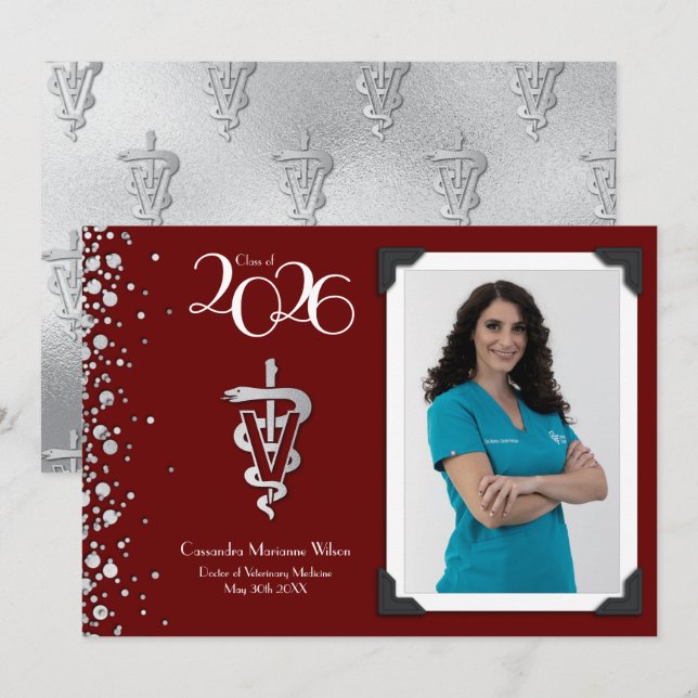 Veterinarian Graduation Maroon Silver Announcement (Front/Back)