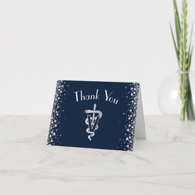 Veterinarian Graduation Navy Blue Silver Thank You Card (Front)
