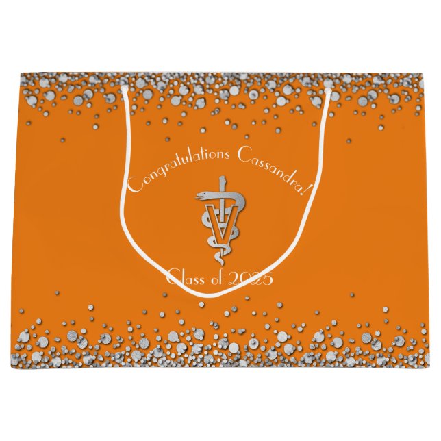 Veterinarian Graduation Orange Silver Large Gift Bag (Front)