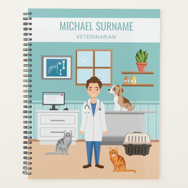 Veterinarian In Vet Clinic Room With Dog And Cats Planner (Front)