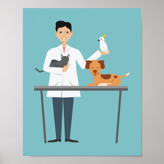 Veterinarian Man On Blue With Animals Illustration Poster (Front)