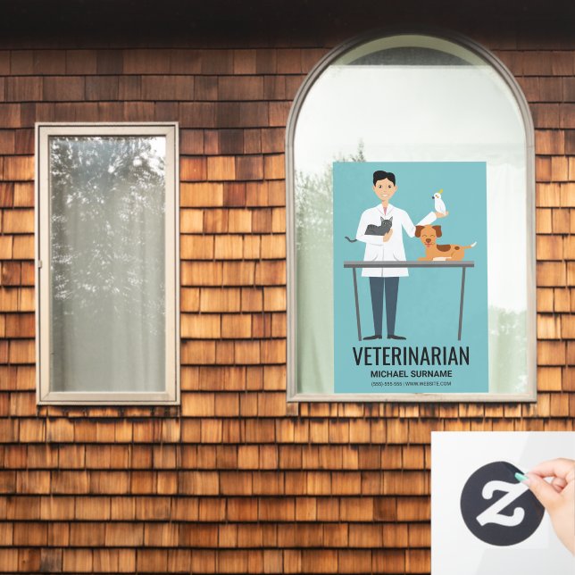 Veterinarian Man On Blue With Cute Animals & Text (Home Window)