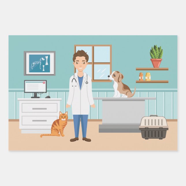 Veterinarian Man Vet Guy Animal Pet Doctor Blue Wrapping Paper Sheet (Front)
