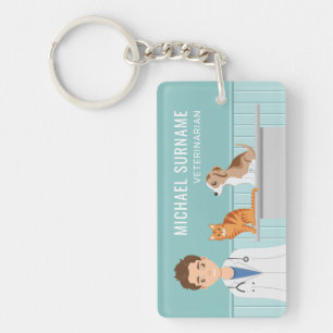 Veterinarian Man With Cat And Puppy Custom Name Key Ring