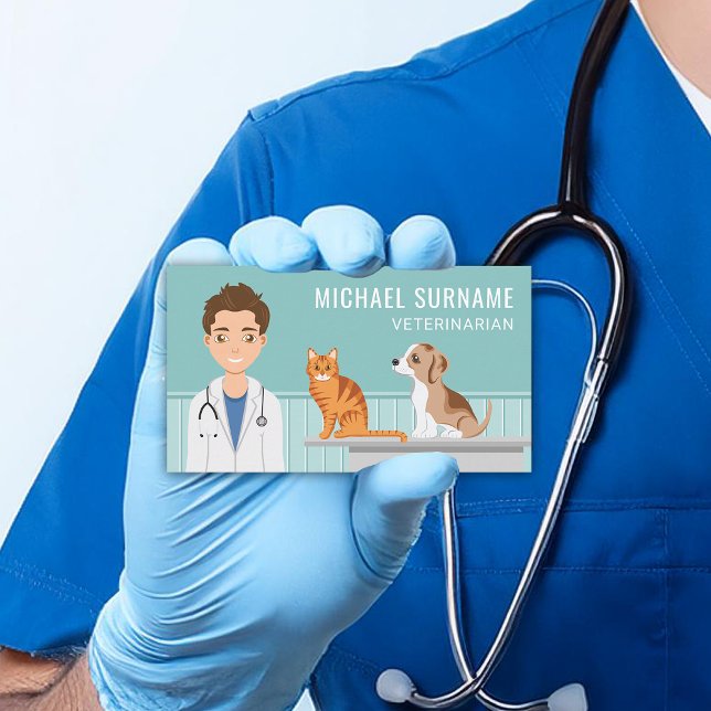 Veterinarian Medical Vet Man Pet Animal Doctor Business Card (Front)