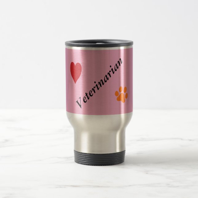 Veterinarian-Orange Paw Print and Heart on Pink Travel Mug (Center)