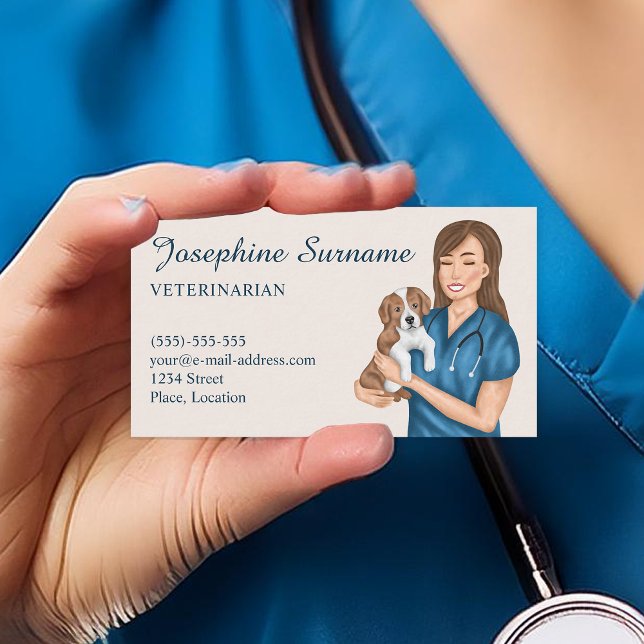 Veterinarian Pet Animal Doctor Vet Girl With Puppy Business Card (Front)