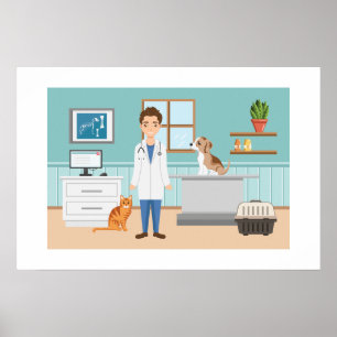 Veterinarian Room Vet Doctor With Puppy And Cat Poster