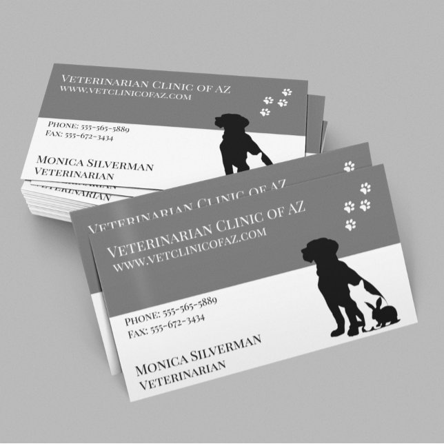 Veterinarian Vet Paw Black Grey Block Pets Business Card (Creator Uploaded)