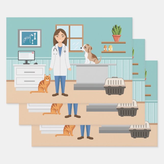 Veterinarian Woman Vet Girl Animal Doctor Blue Wrapping Paper Sheet (Set)