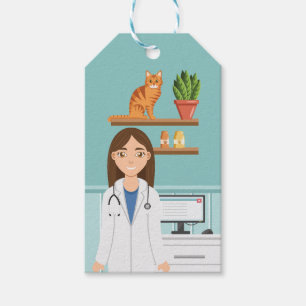 Veterinarian Woman Vet Girl With Orange Cat Blue Gift Tags