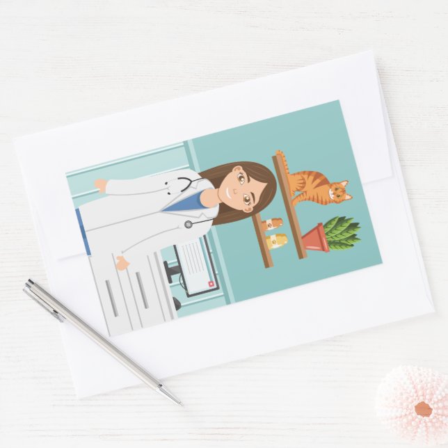 Veterinarian Woman Vet Girl With Orange Cat Blue Rectangular Sticker (Envelope)