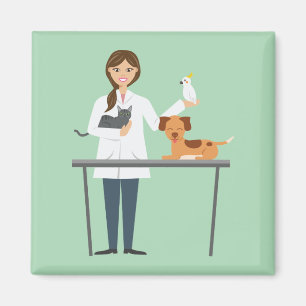 Veterinarian Woman With Animals Illustration Magnet