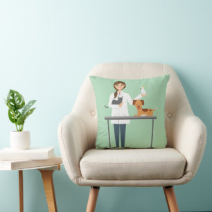 Veterinarian Woman With Animals On Green Cushion