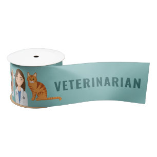 Veterinarian Woman With Puppy Dog And Cat Blue Satin Ribbon