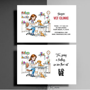 Veterinary Animal Clinic Cute Girl Puppy & Cat Business Card