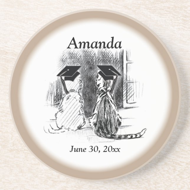Veterinary Graduation Dog and Cat, Round Gift Coaster (Front)