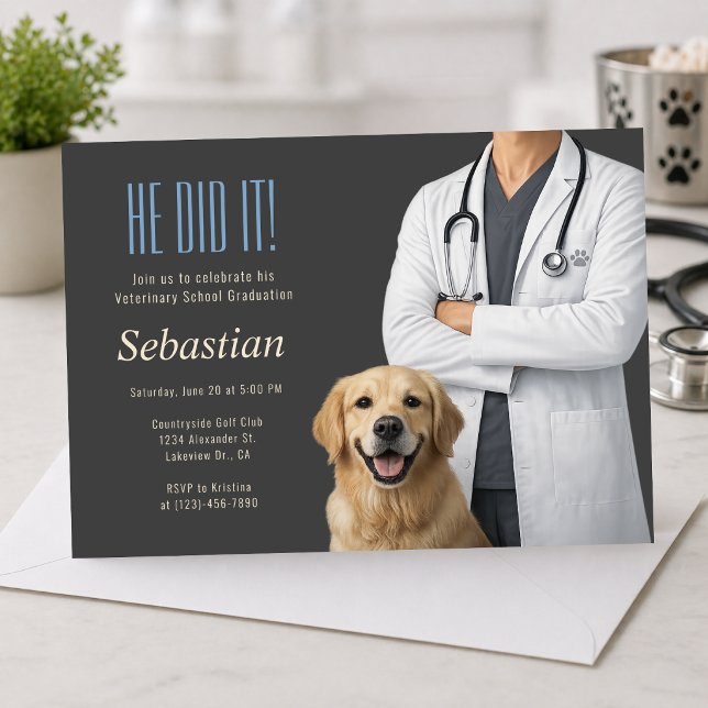 Veterinary School Graduation Party Invite (Modern veterinary graduation invite with dog, clean elegant design)