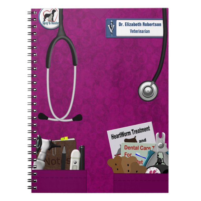 Veterinary Scrubs & Pockets Design Fushia Spiral Notebook (Front)