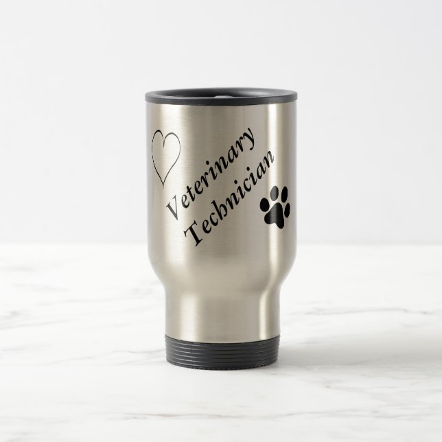 Veterinary Technician-Black Paw Print and Heart Travel Mug (Center)