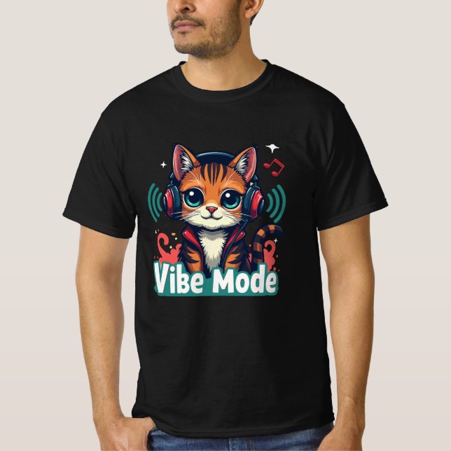 Vibe Mode" Cute Cartoon Cat T-Shirt | (Front)