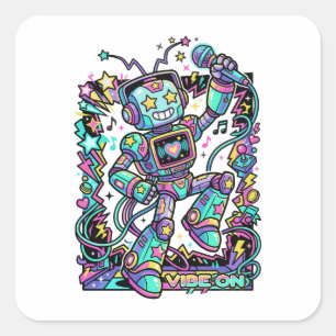 VIBE ON Neon Robot DJ – Colorful Music Mascot Stre Square Sticker