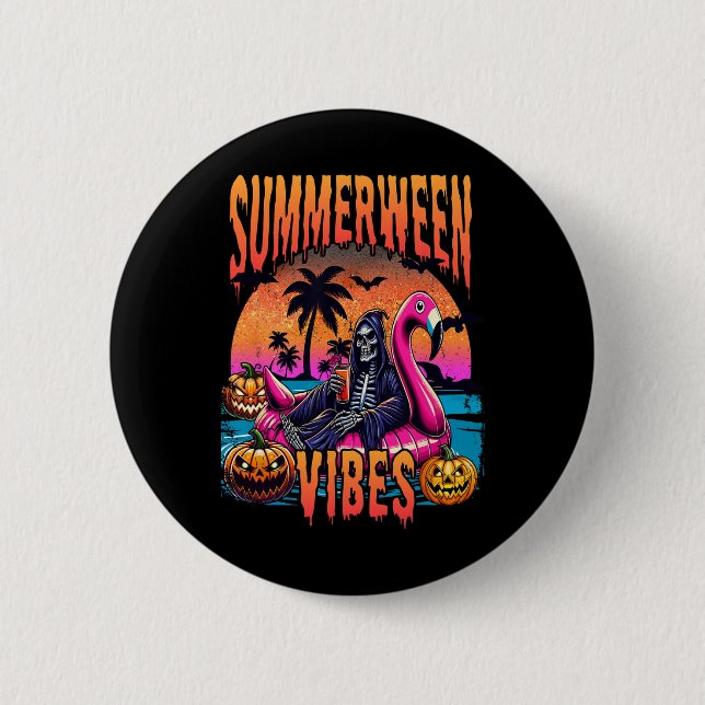 Vibes Halloween Summer Vacation Skeleton Float  6 Cm Round Badge (Front)