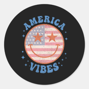 Vibes Happy Face Smile American Flag 4th Of July  Classic Round Sticker