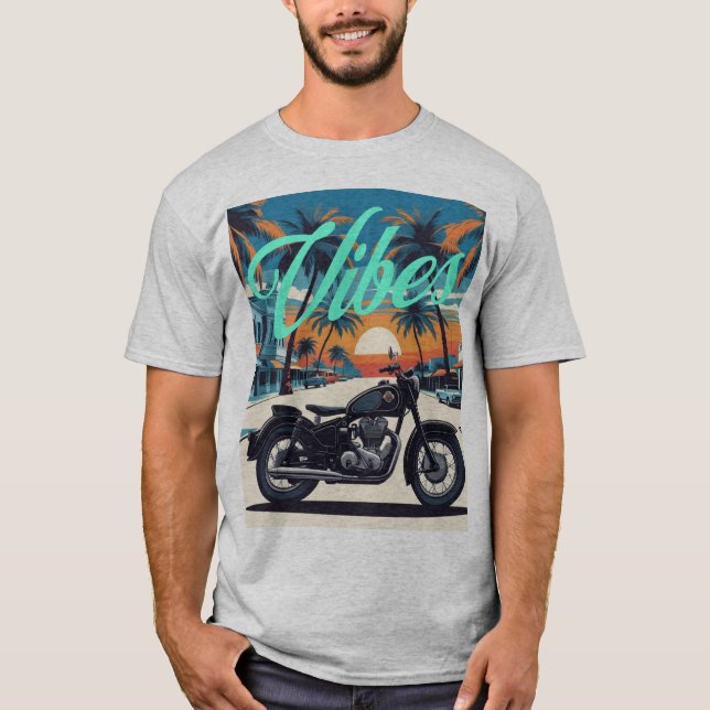 "Vibes" Retro Motorcycle Sunset Street T-Shirt (Front)