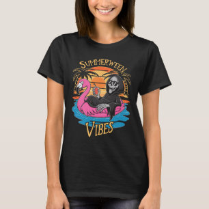 Vibes Skeleton Flamingo Spooky Halloween Summer  T-Shirt