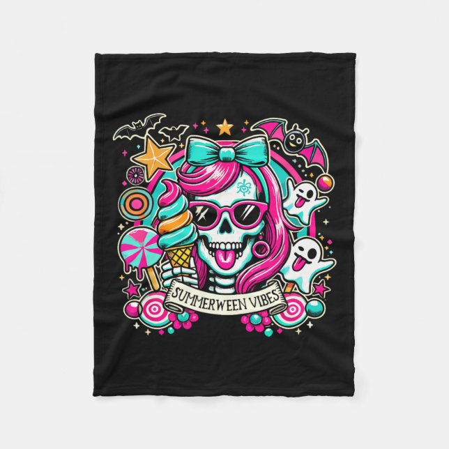 Vibes Skeleton Spooky Vacation Halloween Summer 1  Fleece Blanket (Front)