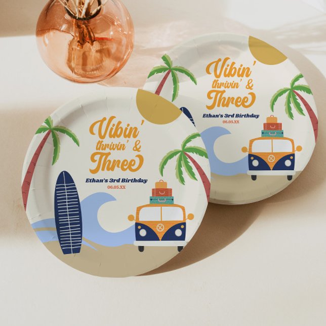 Vibin' & Three Surf Board Blue 3rd Birthday Party Paper Plate (Creator Uploaded)