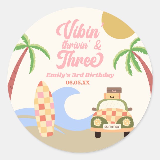 Vibin' & Three Surf Board Pink 3rd Birthday Party Classic Round Sticker (Front)