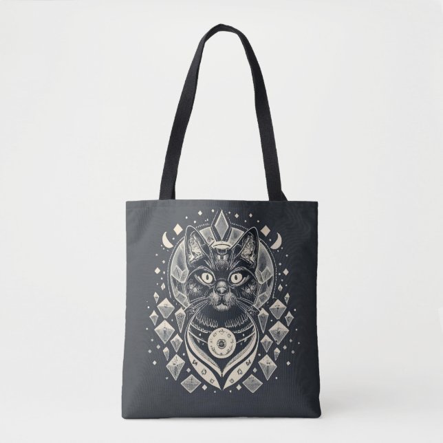 Vibing High - Black Cat and Crystals Tote Bag (Front)
