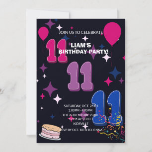Vibrant 11th Birthday   Pink Blue Confetti Invitation