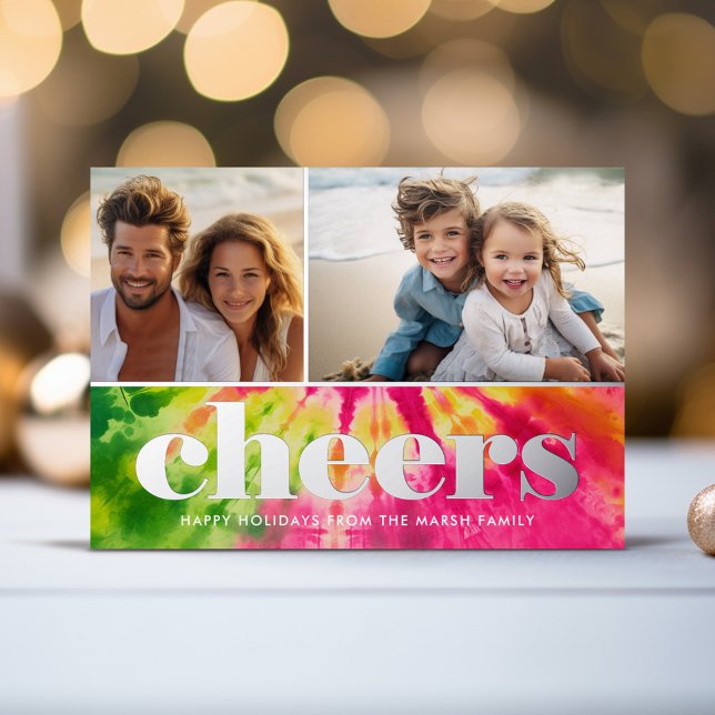 Vibrant 2 Photo Retro Tie-Dye Christmas - CHEERS (Foil Stamped tie Dye Christmas and New Year Photo Card)