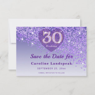Vibrant 30th Birthday Purple Glitter Frosted Heart Save The Date