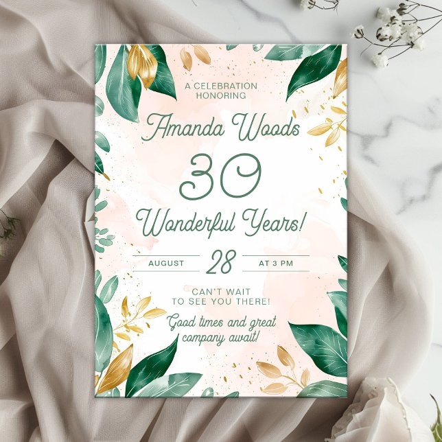 Vibrant 30th Golden and Green Leaf Celebration Invitation (Creator Uploaded)