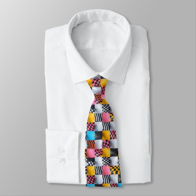 Vibrant 3D Chequerboard – Playful Retro Pop Tie (Tied)